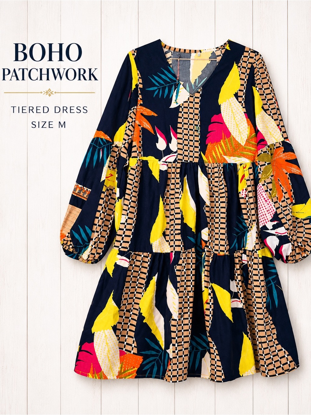 Boho Patchwork Tiered Mini Dress M Colorful Anthropologie Style Tunic